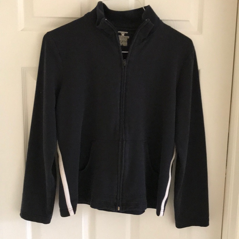 Black Zip-Up Jacket with White Accents. Size large. Jones NY Sport